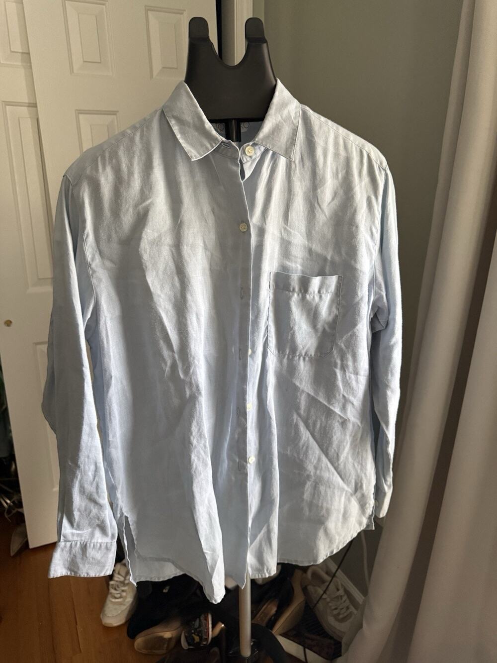 Totonko Coastal grandma Women’s 100% Linen Button‎ Up Blouse Light blue Size S